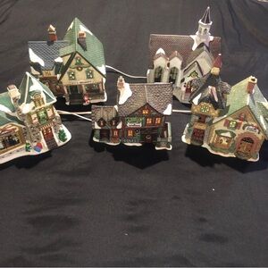 5 Holiday Village Decorative Lighted Houses - Green and White, Christmas